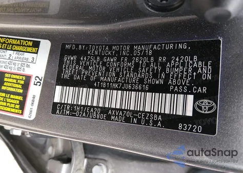 2018 Toyota Camry Se from USA, damaged, VIN 4T1B11HK7JU636616